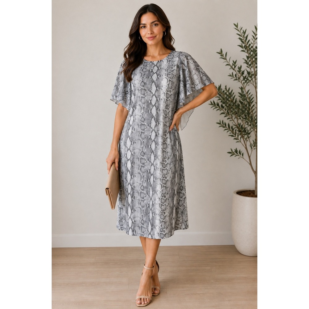 Paisley Womens Grey Snakeskin Flutter Sleeve Midi Shift Dress‎ D1375 Large USA